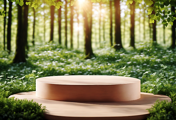 JPG 나무 편집이미지 잎 자연 사람없음 목재 햇빛 원형 풀 숲 받침대 나무판자 단상 포디움 편집실사 AI컴퓨터그래픽 AI콘텐츠 도형 식물 재료 태양 무대 CG 생태계 파일형식