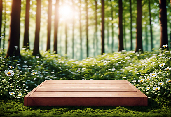 JPG 나무 편집이미지 꽃 자연 사람없음 목재 햇빛 사각형 풀 숲 받침대 나무판자 단상 포디움 편집실사 AI컴퓨터그래픽 AI콘텐츠 도형 식물 재료 태양 무대 CG 생태계 파일형식