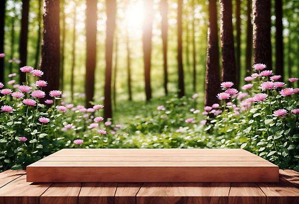 JPG 나무 편집이미지 꽃 자연 사람없음 목재 햇빛 사각형 풀 숲 받침대 나무판자 단상 포디움 편집실사 AI컴퓨터그래픽 AI콘텐츠 도형 식물 재료 태양 무대 CG 생태계 파일형식