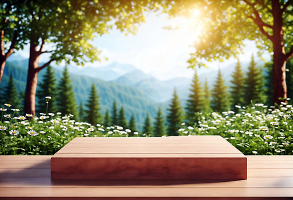 JPG 나무 편집이미지 꽃 자연 산 사람없음 목재 햇빛 사각형 풀 숲 받침대 나무판자 단상 포디움 편집실사 AI컴퓨터그래픽 AI콘텐츠 도형 식물 재료 태양 무대 CG 생태계 파일형식