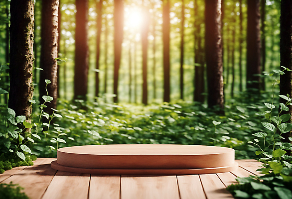 JPG 나무 편집이미지 잎 자연 사람없음 목재 햇빛 원형 풀 숲 받침대 나무판자 단상 포디움 편집실사 AI컴퓨터그래픽 AI콘텐츠 도형 식물 재료 태양 무대 CG 생태계 파일형식