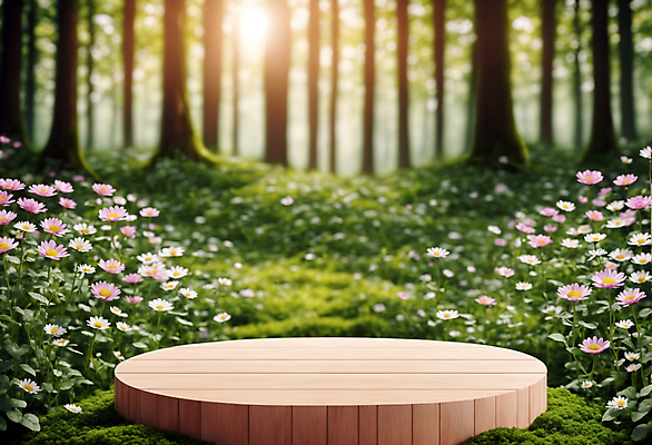 JPG 나무 편집이미지 꽃 자연 사람없음 목재 햇빛 원형 풀 숲 받침대 나무판자 단상 포디움 편집실사 AI컴퓨터그래픽 AI콘텐츠 도형 식물 재료 태양 무대 CG 생태계 파일형식