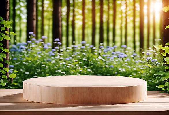 JPG 나무 편집이미지 꽃 자연 사람없음 목재 햇빛 원형 풀 숲 받침대 나무판자 단상 포디움 편집실사 AI컴퓨터그래픽 AI콘텐츠 도형 식물 재료 태양 무대 CG 생태계 파일형식