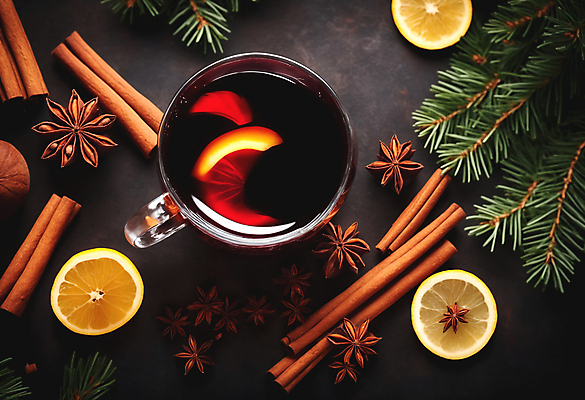 JPG 편집이미지 잔 사람없음 하이앵글 레드와인 레몬 솔잎 시나몬스틱 뱅쇼 팔각회향 편집실사 AI포토 AI콘텐츠 식기 뷰포인트 잎 과일 와인 향신료 CG 시나몬 파일형식