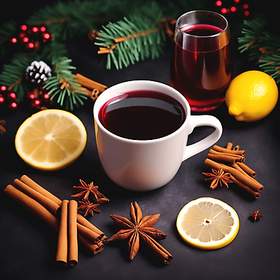 JPG 편집이미지 잔 사람없음 아웃포커스 컵 레드와인 레몬 솔잎 시나몬스틱 뱅쇼 팔각회향 편집실사 AI포토 AI콘텐츠 식기 잎 과일 촬영기법 와인 향신료 CG 시나몬 파일형식