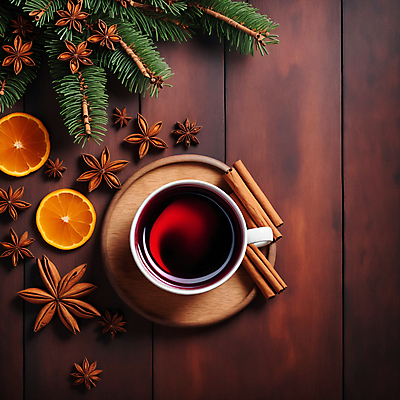 JPG 편집이미지 사람없음 컵 하이앵글 레드와인 레몬 솔잎 나무받침 시나몬스틱 뱅쇼 팔각회향 편집실사 AI포토 AI콘텐츠 식기 뷰포인트 잎 과일 목재 와인 받침대 향신료 CG 시나몬 파일형식