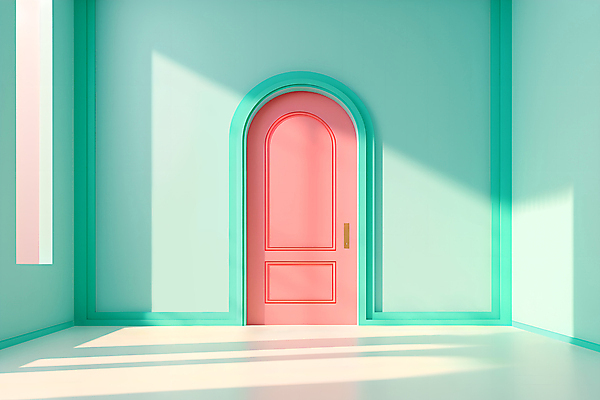 JPG 편집이미지 분홍색 창문 프레임 사람없음 햇빛 문 디지털합성 아치 민트색 편집소스 편집실사 AI포토 AI콘텐츠 컬러 태양 CG 파일형식