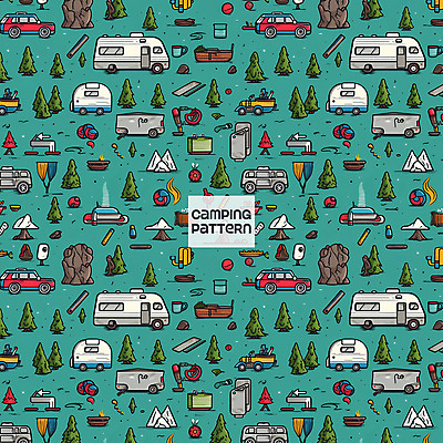 PSD 나무 패턴 일러스트 산 캠핑도구 사람없음 캠핑 머그컵 바위 장작 모닥불 캠핑카 민트색 국내일러스트 식물 컬러 무늬 자동차 불 레저 컵 돌_바위 도구 파일형식