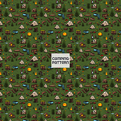PSD 나무 패턴 일러스트 촛불 불꽃 텐트 캠핑도구 사람없음 초록색 캠핑 패턴백그라운드 모닥불 나무탁자 국내일러스트 식물 컬러 백그라운드 무늬 초 탁자 불 레저 도구 파일형식