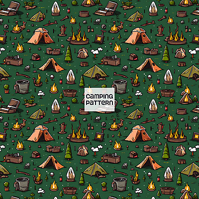 PSD 나무 패턴 일러스트 불꽃 텐트 캠핑도구 사람없음 초록색 캠핑 패턴백그라운드 연기 모닥불 바베큐그릴 국내일러스트 식물 컬러 백그라운드 무늬 불 레저 도구 그릴 바비큐 파일형식