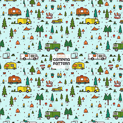 PSD 나무 하늘색 패턴 일러스트 불꽃 캠핑도구 사람없음 캠핑 패턴백그라운드 풀 모닥불 캠핑카 국내일러스트 식물 백그라운드 무늬 자동차 불 레저 파란색 도구 파일형식