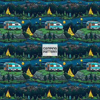 PSD 나무 패턴 일러스트 자연 산 캠핑도구 사람없음 파란색 캠핑 패턴백그라운드 바위 원형 풀 강가 모닥불 언덕 캠핑카 국내일러스트 도형 식물 컬러 백그라운드 무늬 자동차 불 레저 강 돌_바위 도구 생태계 파일형식