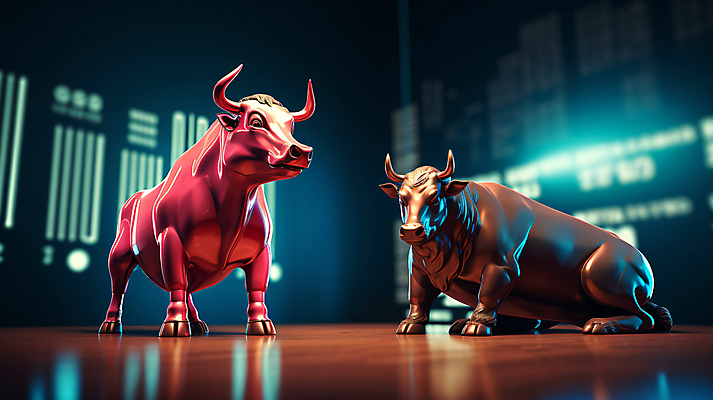 JPG 편집이미지 사람없음 경제 경쟁 거래 주식 재테크 디지털합성 황소 투자 상한가 하한가 편집실사 AI컴퓨터그래픽 AI콘텐츠 컨셉 비즈니스 금융 소 CG 파일형식