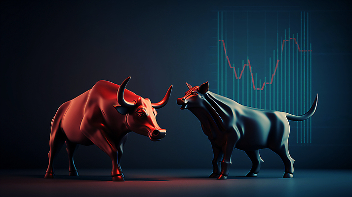 JPG 편집이미지 그래프 사람없음 빨간색 경제 파란색 경쟁 거래 주식 재테크 디지털합성 황소 투자 상한가 하한가 편집실사 AI컴퓨터그래픽 AI콘텐츠 컬러 컨셉 비즈니스 금융 소 CG 파일형식