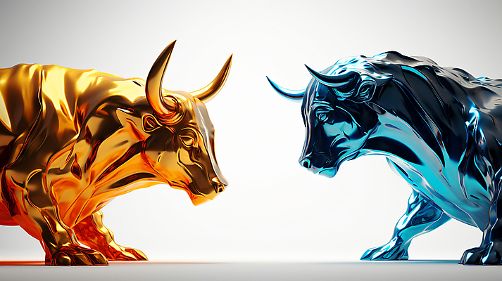 JPG 편집이미지 사람없음 경제 파란색 경쟁 거래 금색 주식 재테크 디지털합성 황소 투자 광택 상한가 하한가 편집실사 AI컴퓨터그래픽 AI콘텐츠 컬러 컨셉 비즈니스 금융 소 CG 파일형식