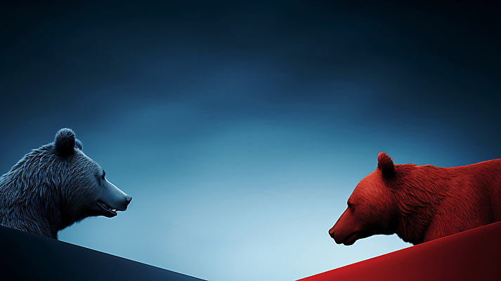 JPG 편집이미지 곰 사람없음 빨간색 경제 파란색 경쟁 거래 주식 재테크 디지털합성 투자 상한가 하한가 편집실사 AI컴퓨터그래픽 AI콘텐츠 동물 컬러 컨셉 비즈니스 포유류 금융 CG 파일형식