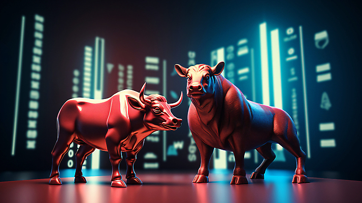 JPG 편집이미지 곰 사람없음 빨간색 경제 파란색 경쟁 거래 주식 재테크 디지털합성 황소 투자 상한가 하한가 편집실사 AI컴퓨터그래픽 AI콘텐츠 동물 컬러 컨셉 비즈니스 포유류 금융 소 CG 파일형식