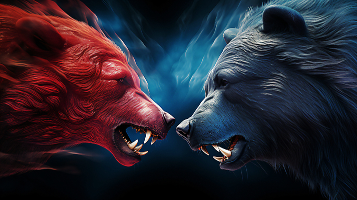 JPG 편집이미지 곰 사람없음 빨간색 경제 파란색 경쟁 거래 주식 위협 재테크 디지털합성 황소 투자 상한가 하한가 편집실사 AI컴퓨터그래픽 AI콘텐츠 동물 컬러 컨셉 비즈니스 포유류 금융 소 CG 파일형식