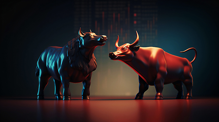 JPG 편집이미지 사람없음 빨간색 경제 파란색 거래 주식 재테크 디지털합성 황소 투자 상한가 하한가 편집실사 AI컴퓨터그래픽 AI콘텐츠 컬러 비즈니스 금융 소 CG 파일형식