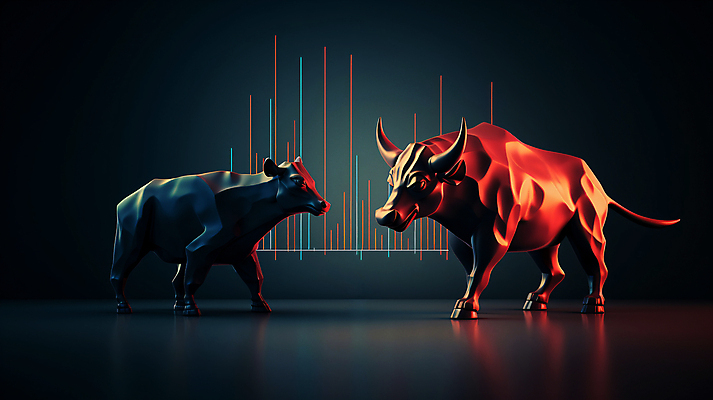 JPG 편집이미지 곰 그래프 사람없음 빨간색 경제 파란색 경쟁 거래 주식 재테크 디지털합성 황소 투자 상한가 하한가 편집실사 AI컴퓨터그래픽 AI콘텐츠 동물 컬러 컨셉 비즈니스 포유류 금융 소 CG 파일형식