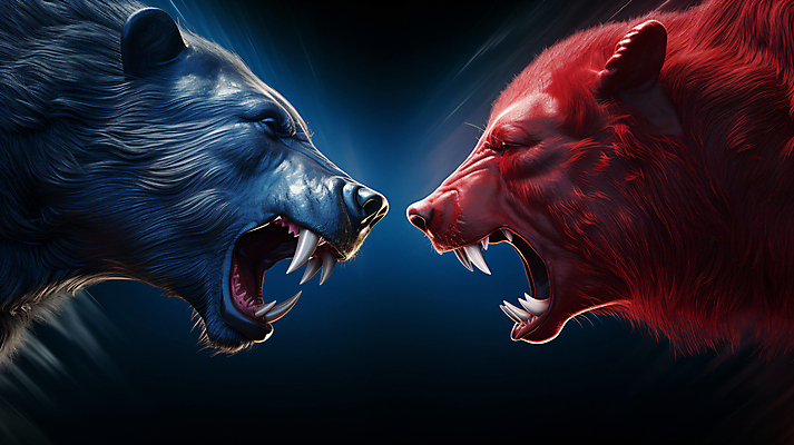 JPG 편집이미지 곰 사람없음 빨간색 경제 파란색 경쟁 외침 거래 주식 위협 재테크 디지털합성 투자 상한가 하한가 편집실사 AI컴퓨터그래픽 AI콘텐츠 동물 컬러 컨셉 비즈니스 포유류 금융 소리 CG 파일형식