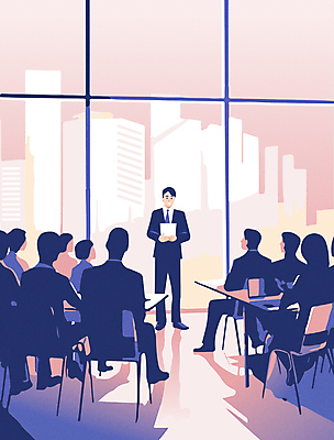 전신 여자 남자 분홍색 의자 일러스트 회사 창문 회의 그래프 설명 서기 들기 앉기 정장 빌딩 여러명 성인 건물 비즈니스맨 비즈니스우먼 발표 남색 책상 문서 세미나 성인만 국내일러스트 AI파일 건축물 옷 컬러 가구 다수 비즈니스 모션 사람 직장인 파일형식 벡터