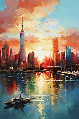 JPG 여행 일러스트 붓터치 풍경 빌딩 사람없음 건물 강 미국 일몰 뉴욕 유화 선박 국내일러스트 AI일러스트 AI콘텐츠 건축물 수상교통 북아메리카 미술 노을 파일형식