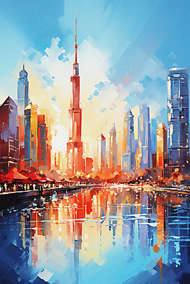 JPG 여행 일러스트 붓터치 거리 풍경 빌딩 사람없음 건물 강 태양 반사 일몰 스페인 바르셀로나 유화 부르즈할리파 국내일러스트 AI일러스트 AI콘텐츠 자연요소 건축물 유럽 미술 노을 두바이 파일형식