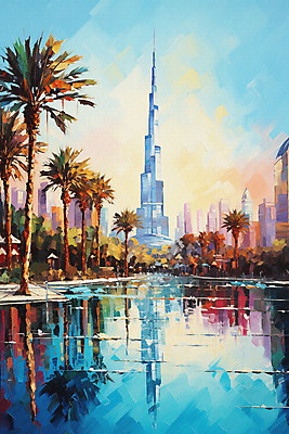 JPG 여행 일러스트 붓터치 거리 풍경 빌딩 사람없음 건물 강 야자수 반사 스페인 바르셀로나 유화 부르즈할리파 국내일러스트 AI일러스트 AI콘텐츠 나무 건축물 유럽 미술 두바이 파일형식