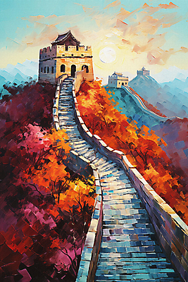 JPG 여행 일러스트 유적지 붓터치 풍경 사람없음 태양 중국 풀 만리장성 오르막 랜드마크 유화 국내일러스트 AI일러스트 AI콘텐츠 자연요소 식물 아시아 고건축 미술 세계문화유산 성 파일형식