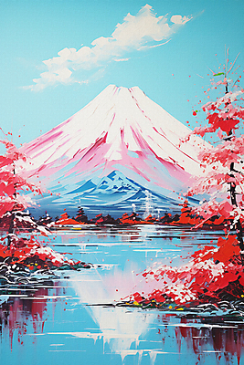 JPG 구름 호수 여행 일러스트 붓터치 풍경 사람없음 일본 벚나무 후지산 유화 국내일러스트 AI일러스트 AI콘텐츠 자연요소 나무 아시아 산 미술 세계문화유산 벚꽃 파일형식