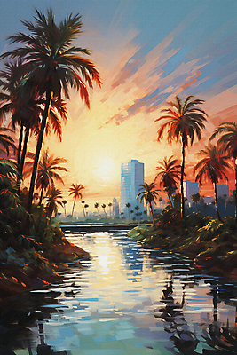 JPG 여행 일러스트 붓터치 풍경 빌딩 사람없음 건물 강 야자수 일몰 풀 두바이 유화 국내일러스트 AI일러스트 AI콘텐츠 나무 식물 건축물 미술 노을 아랍에미리트 파일형식