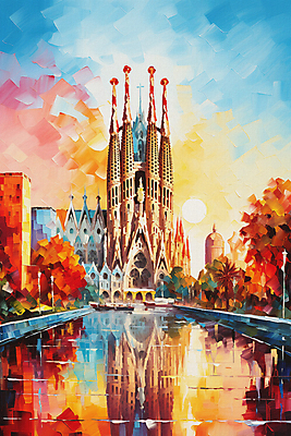 JPG 여행 가로등 일러스트 단풍나무 붓터치 거리 풍경 사람없음 태양 일몰 스페인 대성당 사그라다파밀리아 유화 국내일러스트 AI일러스트 AI콘텐츠 자연요소 나무 공공시설 유럽 단풍 미술 성당 노을 바르셀로나 파일형식