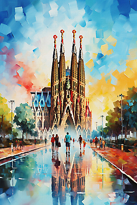 JPG 전신 나무 여자 남자 여행 가로등 일러스트 붓터치 거리 풍경 여러명 성인 스페인 대성당 사그라다파밀리아 유화 성인만 국내일러스트 AI일러스트 AI콘텐츠 식물 공공시설 유럽 다수 미술 사람 성당 바르셀로나 파일형식