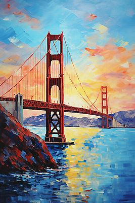 JPG 여행 일러스트 붓터치 산 풍경 사람없음 강 미국 일몰 바위 금문교 유화 국내일러스트 AI일러스트 AI콘텐츠 북아메리카 미술 노을 돌_바위 다리_건축물 파일형식