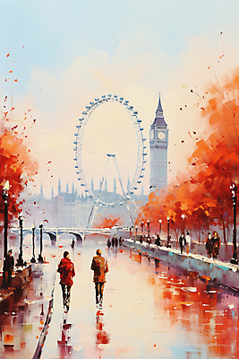 JPG 전신 여자 남자 여행 가로등 일러스트 단풍나무 붓터치 거리 풍경 여러명 성인 강 걷기 런던 대관람차 빅벤 런던아이 유화 가교 성인만 국내일러스트 AI일러스트 AI콘텐츠 나무 건축물 공공시설 다수 단풍 모션 영국 미술 사람 놀이기구 시계탑 랜드마크 파일형식