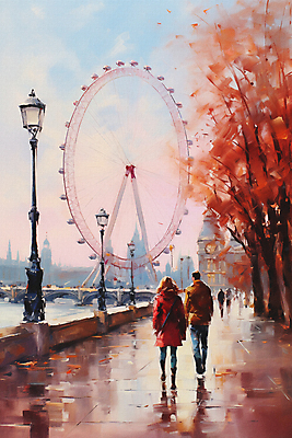 JPG 전신 건축물 여자 남자 여행 가로등 일러스트 단풍나무 붓터치 거리 풍경 성인 두명 강 걷기 런던 대관람차 런던아이 유화 가교 선박 성인만 국내일러스트 AI일러스트 AI콘텐츠 나무 공공시설 건축 단풍 수상교통 모션 영국 미술 사람 놀이기구 랜드마크 파일형식