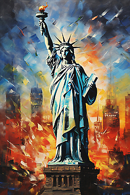 JPG 여행 일러스트 붓터치 풍경 빌딩 사람없음 건물 파란색 동상 주황색 미국 자유의여신상 유화 국내일러스트 AI일러스트 AI콘텐츠 건축물 컬러 북아메리카 미술 조형물 세계문화유산 기념물 파일형식