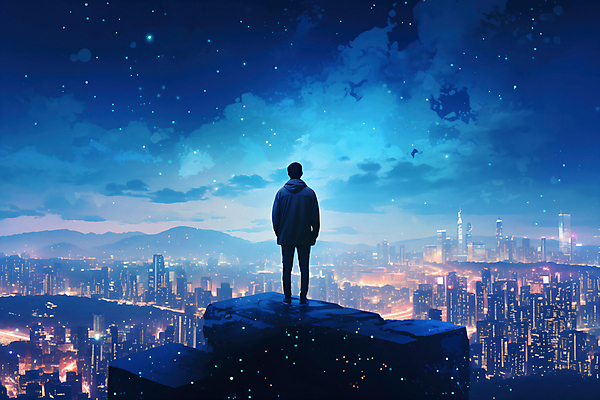 JPG 전신 구름 편집이미지 남자 야경 밤하늘 한명 빌딩 성인 건물 빛 반짝임 도시풍경 절벽 도시 남색 언덕 성인남자한명만 편집실사 AI컴퓨터그래픽 AI콘텐츠 자연요소 1 건축물 컬러 모션 하늘 사람 풍경 야간 CG 남자한명만 성인남자만 파일형식 풍경_경치