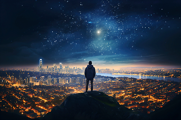 JPG 전신 구름 편집이미지 남자 야경 밤하늘 한명 빌딩 성인 건물 빛 반짝임 도시풍경 절벽 도시 남색 언덕 성인남자한명만 편집실사 AI컴퓨터그래픽 AI콘텐츠 자연요소 1 건축물 컬러 모션 하늘 사람 풍경 야간 CG 남자한명만 성인남자만 파일형식 풍경_경치