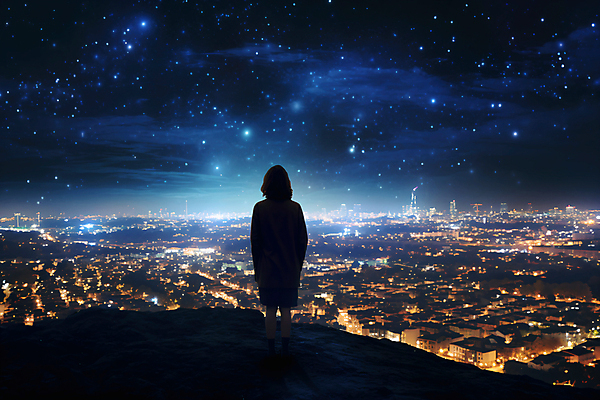 JPG 전신 구름 편집이미지 여자 별 야경 밤하늘 한명 빌딩 성인 건물 빛 반짝임 도시풍경 절벽 도시 남색 언덕 성인여자한명만 편집실사 AI컴퓨터그래픽 AI콘텐츠 자연요소 1 건축물 컬러 모션 하늘 사람 풍경 야간 CG 여자한명만 성인여자만 파일형식 풍경_경치