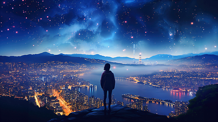 JPG 전신 구름 편집이미지 여자 야경 밤하늘 한명 빌딩 성인 건물 빛 반짝임 도시풍경 절벽 도시 남색 언덕 성인여자한명만 편집실사 AI컴퓨터그래픽 AI콘텐츠 자연요소 1 건축물 컬러 모션 하늘 사람 풍경 야간 CG 여자한명만 성인여자만 파일형식 풍경_경치