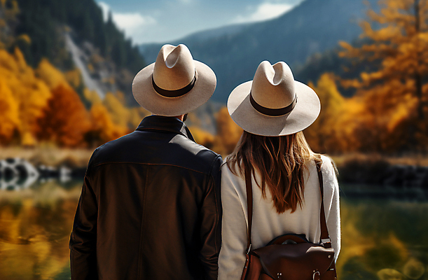 JPG 편집이미지 모자 커플 여자 남자 호수 여행 단풍나무 산 상반신 성인 두명 뒷모습 관광지 가을 휴양지 가을여행 기념사진 성인만 편집실사 AI인물포토 AI콘텐츠 나무 잡화 계절 뷰포인트 단풍 관계 사람 장소 CG 파일형식 가을_계절 AI포토