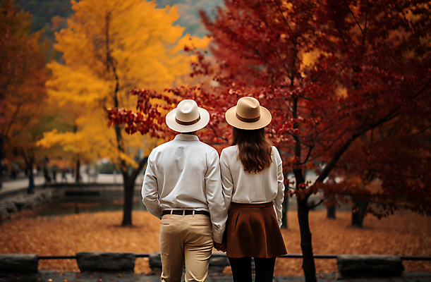 JPG 편집이미지 모자 커플 여자 남자 여행 데이트 단풍나무 상반신 성인 두명 뒷모습 관광지 손잡기 가을 휴양지 가을여행 기념사진 성인만 편집실사 AI인물포토 AI콘텐츠 나무 잡화 계절 뷰포인트 단풍 관계 모션 사람 장소 CG 파일형식 가을_계절 AI포토