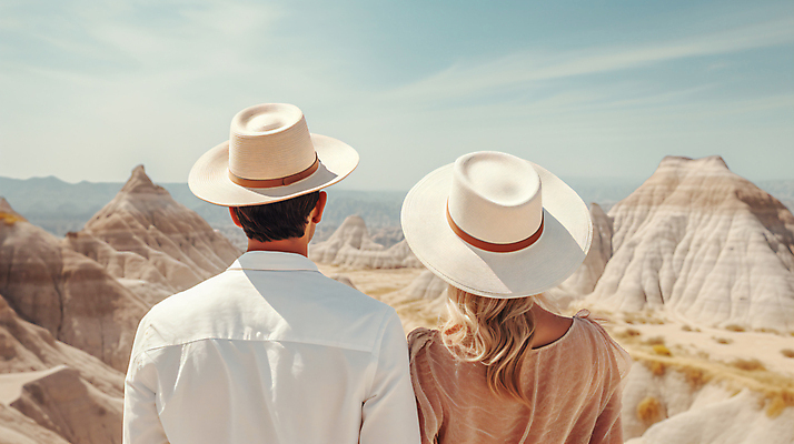 JPG 편집이미지 모자 커플 여자 남자 여행 데이트 산 상반신 성인 두명 뒷모습 여름 관광지 여름휴가 사막 휴양지 사암 기념사진 성인만 편집실사 AI인물포토 AI콘텐츠 잡화 계절 뷰포인트 관계 휴가 사람 장소 돌_바위 CG 파일형식 여름_계절 AI포토