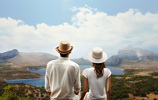 JPG 구름 편집이미지 모자 커플 여자 남자 호수 여행 데이트 하늘 초원 상반신 성인 두명 뒷모습 여름 관광지 여름휴가 휴양지 기념사진 성인만 편집실사 AI인물포토 AI콘텐츠 자연요소 잡화 계절 뷰포인트 관계 휴가 사람 장소 CG 파일형식 여름_계절 AI포토