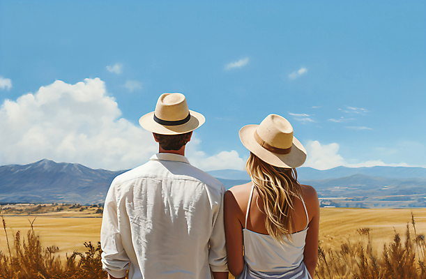 JPG 구름 편집이미지 모자 커플 여자 남자 여행 데이트 하늘 산 상반신 성인 두명 뒷모습 여름 관광지 여름휴가 농경지 휴양지 기념사진 밀밭 성인만 편집실사 AI인물포토 AI콘텐츠 자연요소 잡화 계절 뷰포인트 밭 관계 휴가 사람 농장 장소 밀 CG 파일형식 여름_계절 AI포토