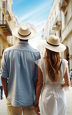 JPG 구름 편집이미지 모자 커플 여자 남자 여행 데이트 하늘 거리 상반신 성인 두명 건물 뒷모습 여름 관광지 여름휴가 휴양지 기념사진 성인만 편집실사 AI인물포토 AI콘텐츠 자연요소 건축물 잡화 계절 뷰포인트 관계 휴가 사람 장소 CG 파일형식 여름_계절 AI포토