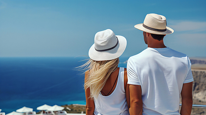 JPG 편집이미지 모자 커플 여자 남자 바다 여행 데이트 하늘 상반신 성인 두명 뒷모습 여름 관광지 여름휴가 휴양지 기념사진 성인만 편집실사 AI인물포토 AI콘텐츠 잡화 계절 뷰포인트 관계 휴가 사람 장소 CG 파일형식 여름_계절 AI포토