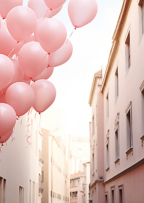 JPG 편집이미지 분홍색 하늘 거리 풍경 사람없음 건물 도시 풍선 편집실사 AI포토 AI콘텐츠 건축물 컬러 CG 파일형식